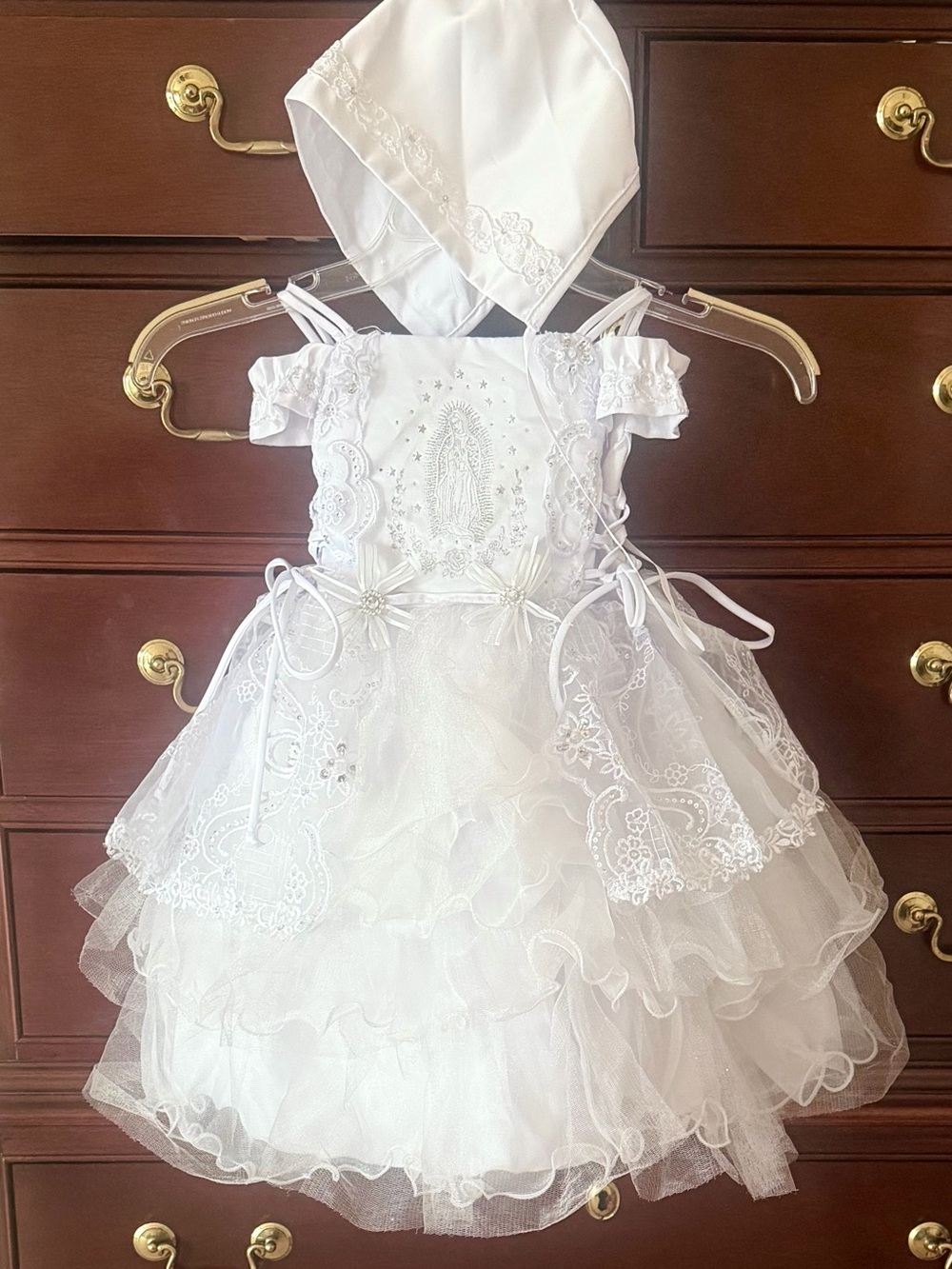 NEW Baby Made In USA White Embellished Virgin Mary Baptism Gown & Cap Sz 0-3M